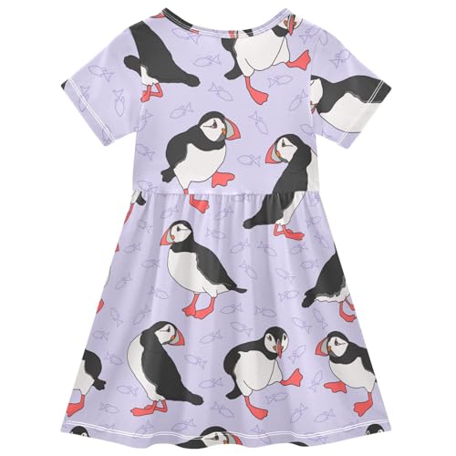 Aflyko Natural Girls Short Sleeve Dress Puffin Bird Fish Toddler Everyday Dresses2