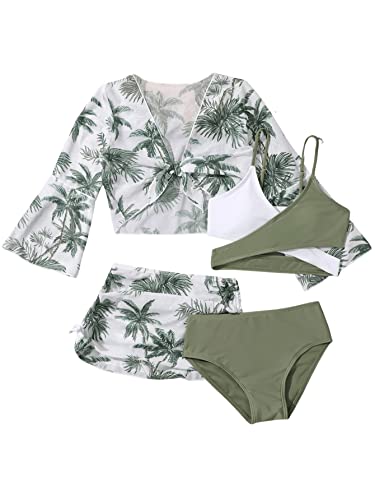Verdusa Girl's 4 Piece Swimwear Crisscross Bikini Sets with Tropical Print Cover Up Green White 11-12Y