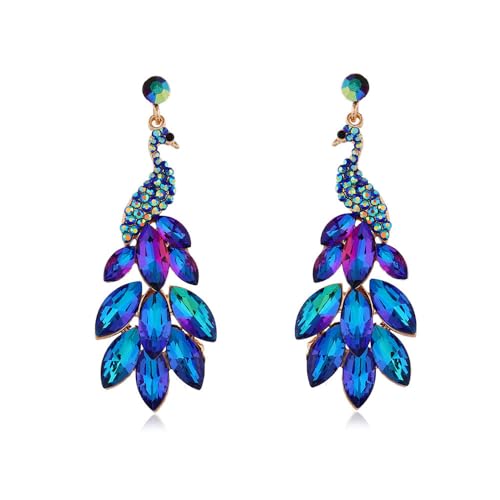 Vintage Peacock Dangle Earrings for Women Green Crystal Feather Peafowl Statement Drop Dangling Stud Earring Mardi Gras Carnival Decor Birthday Holiday Jewelry Gifts (Purple Blue)