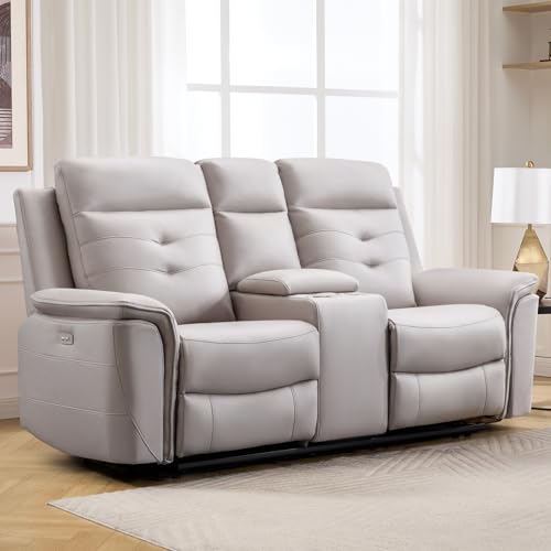 Image of ANJ Power Reclining Loveseat Sofa with USB Charging Port, Breathable Faux Leather 2-Seater Electric Recliner Couch with Cup Holders & Storage Console for Living Room, Beige