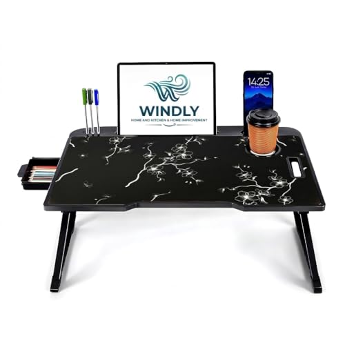 Image of WINDLY Smart Multipurpose Foldable Laptop Table with Cup Holder, Study Table, Bed Table, Breakfast Table, Foldable and Portable /Ergonomic & Rounded Edges /Non-Slip Legs
