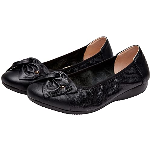 rismart Women's Ballet Flat Leather Ballerina Pumps Slip on Work Shoes with Bow2