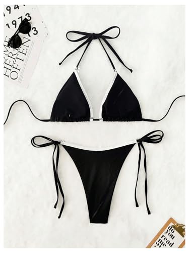 Milumia Women's Color Block Bow Halter String Triangle Bikini Set Sexy Thong Cheeky Two Piece Swimsuit4
