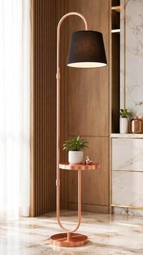 Image of Deco Crush Modern Floor Lamp with Side Table, Metal Standing Lamp with Fabric Lampshade, 60 Inch Tall Reading Lamp for Living Room, Bedroom, Office and Corner Decor (Rose Gold)