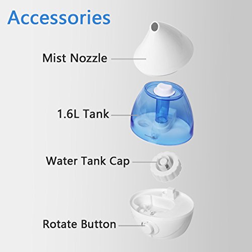 Homeleader Ultrasonic Cool Mist Humidifier, 1.6L Air Humidifiers for Bedroom and Babies, Whisper-Quiet Operation, Automatic Shut-Off and Color-Changing LED Lights - Lasts Up to 11 Hours