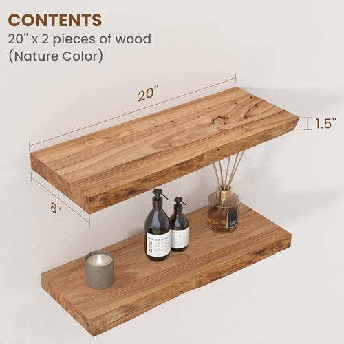Image of Floating Shelves for Wall Decor, Rustic Solid Elm Wood Live Edge Floating Shelves Wall Mounted, Wall Shelves with Invisible Bracket for Living Room Bathroom Bedroom Kitchen, 20 Inch Set of 2, Natural