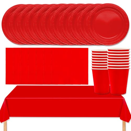 MOMAHUA Juego de vajilla de fiesta 53P, juego de vajilla roja con platos, mantel, servilletas, tazas, decoraciones de mesa de color sólido para cumpleaños, boda, picnic, baby shower, suministros de MOMAHUA Juego de vajilla de fiesta 53P, juego de vajilla roja con platos, mantel, servilletas, tazas, decoraciones de mesa de color sólido para cumpleaños, boda, picnic, baby shower, suministros de