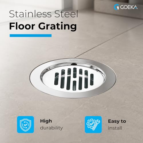 Image of GOEKA Round Lock Grating Stainless Steel Floor Drain 5 Inch | SS 304 Chrome Finish | Double Hole Locking Jali /Trap Floor Drain for Bathroom & Kitchen | Pack of 2