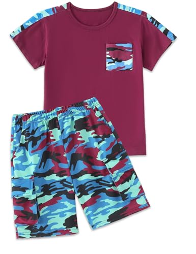 mksodopy Boys clothes camouflage stitching short-sleeved T-shirt camouflage shorts teen boys summer outfits