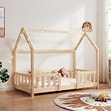 [en.casa] Cama para Niños Sisimiut de Madera Pino 80 x 160 cm Cama Infantil con Reja Protectora y Somier Forma de Casa Casita - Pino Natural