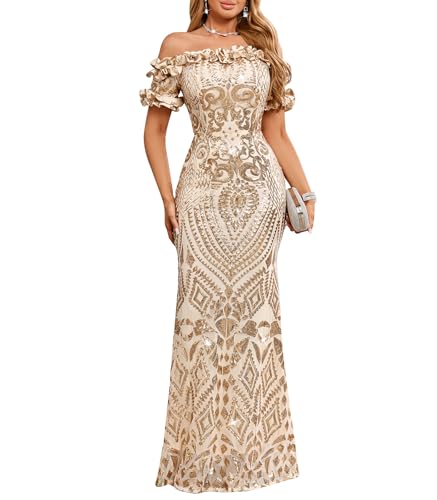Image of dasmzper Women Sexy Sequin Off Shoulder Ruffle Short Sleeve Bodycon Mermaid Party Formal Evening Maxi Dress