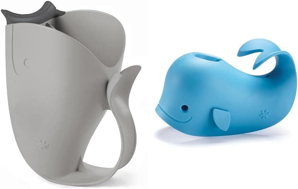 Skip Hop Baby Bath Rinse Cup, Moby Tear-Free Waterfall Rinser, Grey & Baby Bath Spout Cover, Universal Fit, Moby, Blue