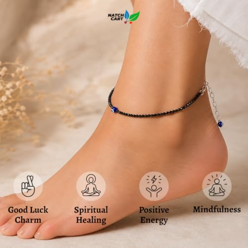 Image of Raw Pyrite, Money Magnet, Dhanyog, Garnet, Black Obsidian Evil Eye Anklet | Stone of Money, Protection & Power | Natural Healing Crystal Anklet for Women | Spiritual Jewellery for Women | Gift for Woman & Girlfriend