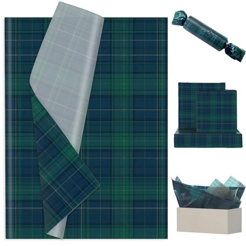 Whaline 100 Sheets Tartan Plaids Tissue Paper 14 x 20 Inch Gift Wrapping Tissue Vintage Green Navy Check Art Tissues for We Can Bearly Wait Baby Shower Birthday Party DIY Crafts Decor