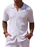 Picture of SPKPKEY Men's Knit Shirt Breathable Hollow Out Bowling Shirts Short Sleeve Button Up Shirt Summer Beach Tops White S