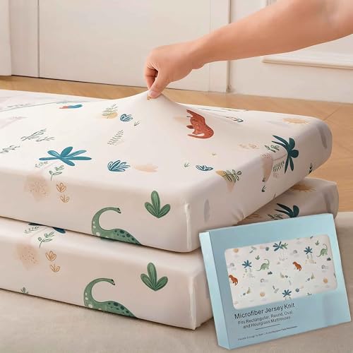 Image of SDY Jersey Dinosaur Crib Sheets for Baby Boys and Girls,52”x28”x8, 2 Pack, Cute Kawaii Standard Oval/Retangle Fitted Crib Sheets for Toddler,Super Soft Breathable