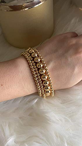 Gold Beaded Bracelet Set For Women Stack 14 K Real Gold Plated Ball Bracelets Elastic String Bracelet 4 Mm 5 Mm 6Mm Small Beads Friendship Bracelet For Men Teen Girls (Gold) #TOP1