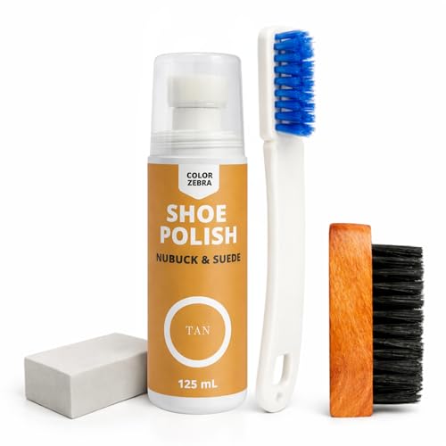 Image of Color Zebra Nubuck & Suede Shoe Polish and Shoe Care Kit | 125 ML Renovator with Handled Brush, Wooden Suede Brush & Cleaning Block