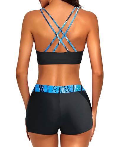 Image of 3 Piece Tankini Long Sleeve Swimsuits Athletic Rash Guard Bathing Suits | Modest,Full Coverage,High Waisted Short,Quick Dry,Criss Cross Back