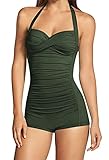 Viottiset Damen Einteiliger Badeanzug Bauchkontrolle Neckholder Twist Rüschen Bademode Monokini Strand Armeegrün Groß