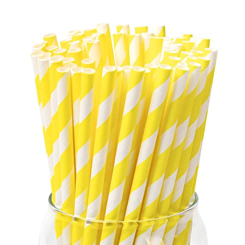 PakTalk 100 Pack Yellow Paper Straws Disposable Biodegradable Drinking Straws for Cocktails Lemonade Daily Use and Holiday Party (0.24 x 7.75 4-Layer Food Grade Eco-Friendly)