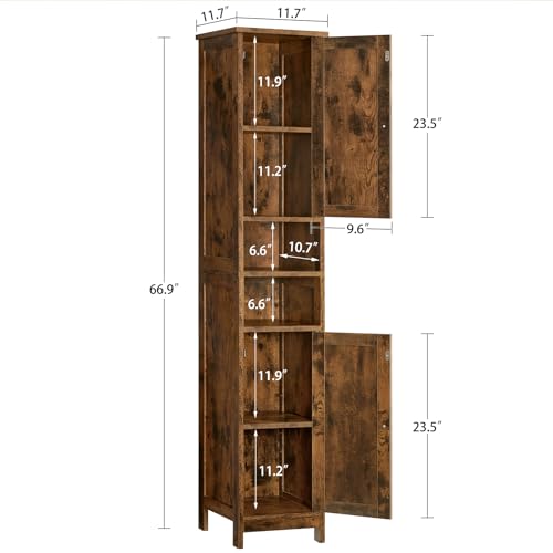 Image of TEENFON 67 inch Tall Bathroom Cabinet with 2 Adjustable Shelves and 2 Doors, Narrow Bathroom Storage Cabinet for Small Space, Living Room, Entryway, Kitchen, Rustic Brown