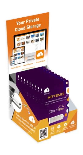 Amaryllo Artemis 2 en 1 50 GB de almacenamiento en la nube + unidad flash USB 2.0 de 32 GB con respaldo automático (memoria USB, unidad de pulgar, memoria Stick) 10x/caja