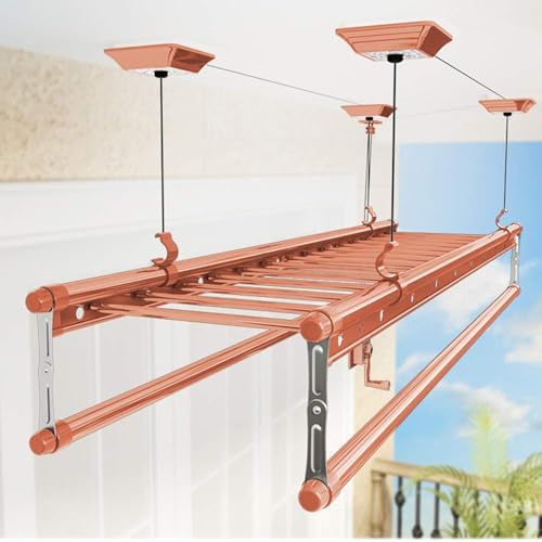 Foldable Space-Saving Clothes Rack Floor-Standing Clothes Rack Tripod Portable Rotating Clothes Rack，Aluminum Ceiling Dryer Rack - 4-Bar Pulley Clothesline, Space-Saving Laundry Solution for