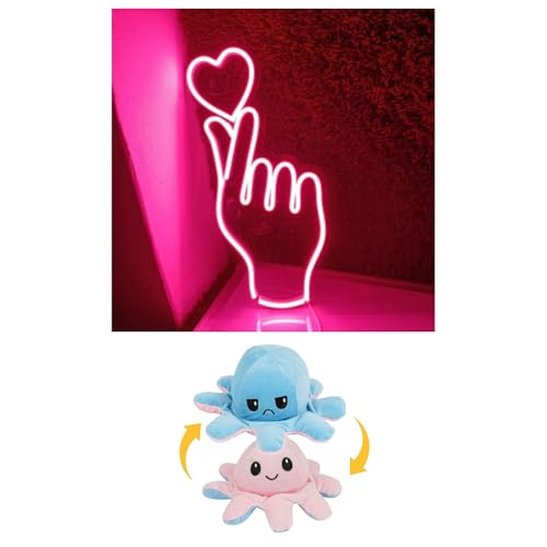 Image of EITHEO Stuffed Animal Plushie Stuffed Toy for Kids (Neon Hand Heart + Small Octopus Pink)