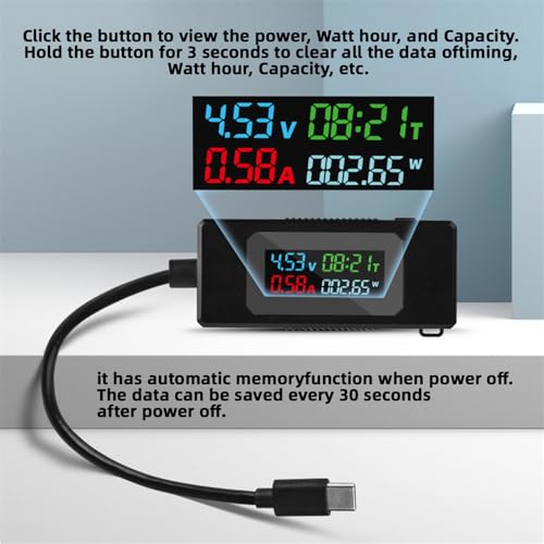 Image of Adapter Type-C Voltage Current Power Capacity, Working Time Ammeter Voltmeter USB Cable Charger Detector USB-C Tester 4-30V 0-6.5A Digital Multimeter