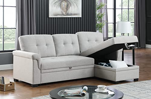 Eafurn 84'' Reversible Sectional Sofa Couch With Pull-Out Sleeper Bed, Line Fabric L-Shape 3-Seater Convertible Corner Sofa & Couches With Storage Chaise And 2 Tossing Cushions, Light Grey W #TOP1