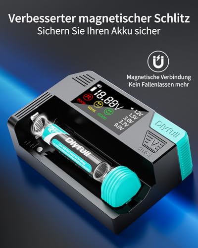 Dlyfull Batterietester für alle Batterien,Magnetischer Universal LCD BatteryCheck für AAA AA C D 9V&Knopfzellen,Einfacher Wiederaufladbarer Battery Tester für 1,2V 1,5V 3V und 3,7V,Mit USB-C Kabel
