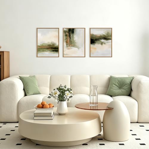 Image of KAIRNE Green Abstract Neutral Framed Canvas Wall Art Set,Modern Watercolor Shapes Wall Decor,Minimalist Pastel Art Prints,Brown Gray Tan Artwork for Living Room,Bedroom,Farmhouse,Office-12 x16 x3
