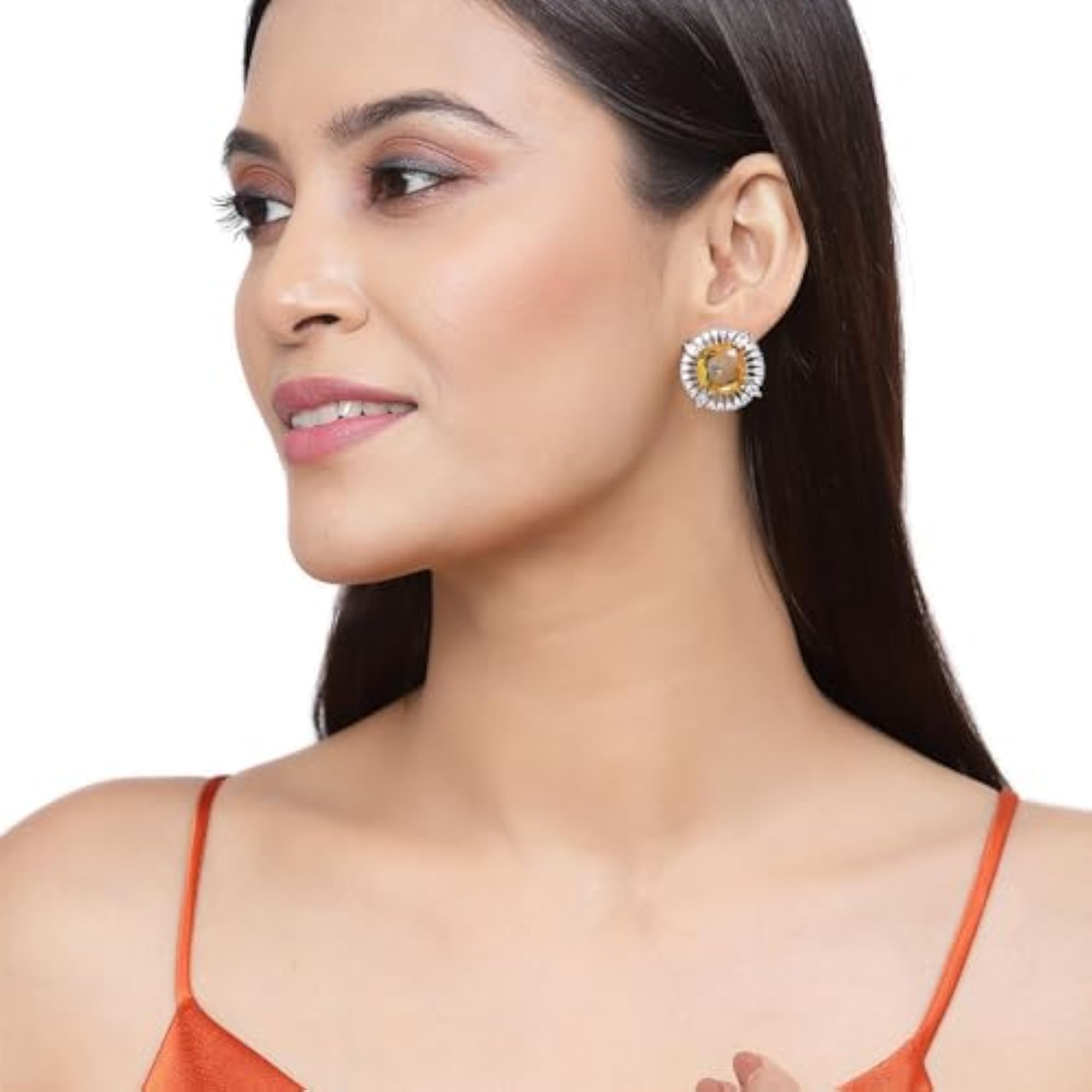 Rhodium-Plated Stud Earrings with American Diamond Studding
