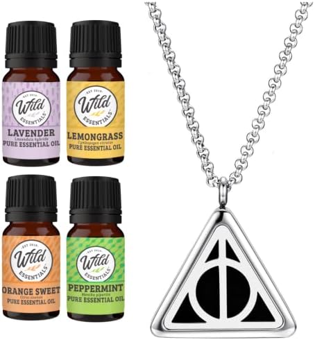 Wild Essentials Potter Hallows Aromatherapy Diffuser Necklace13-PieceGift Set –Includes 4 Pure Essential Oils, Stainless Steel Necklace/Pendant, 8 Pads –Calming Aromatherapy Essential Oil Necklace