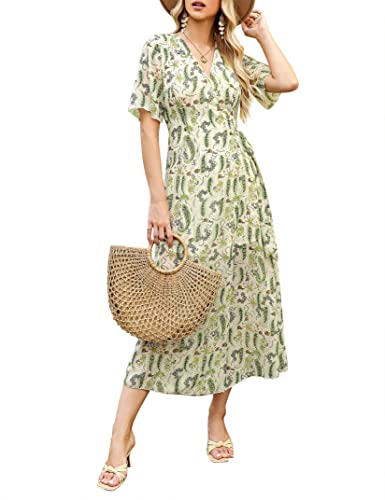 KOJOOIN Damen Lange Kleid Kurzarm Sommer Maxikleid V-Ausschnitt Tunika...