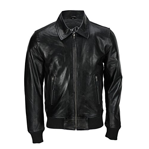Image of Xposed Mens Black Soft Real Leather Vintage Classic Bomber Style Biker Jacket [With Collar,2XL]