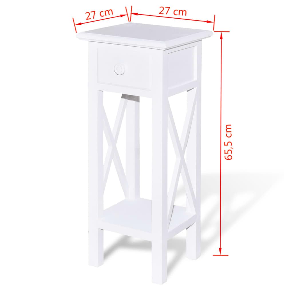 Beistelltisch Weiß mit Schublade - Kleiner Telefontisch Holz 27x27x65,5 cm - Schmaler Nachttisch aus Kiefernholz und MDF für Schlafzimmer Wohnzimmer und Flur