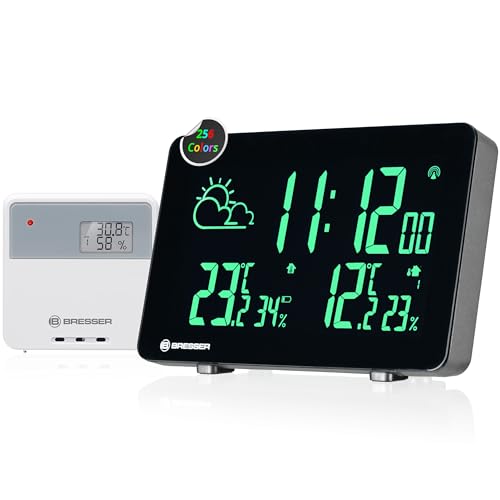 Bresser Funkwetterstation mit Farbwechsel, 256 Displayfarben, Wettervorhersage, Thermo-Hygrosensor, Frostwarnung, DCF-Uhrzeit, für Zuhause und Büro