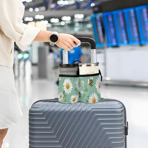 Image of Luggage Cup Holder for Suitcases Free Hands Suitcase Cup Holder Travel Luggage Drink Holder Portable Luggage Cup Caddy Bag Carrier with Handle Mint Green Daisy Flowers and Bees