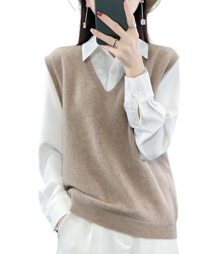 Ailaile Suéter de punto con cuello en V para mujer, 100 % lana merino, ligero, sin mangas, chaleco básico, camiseta corta, Camello, L