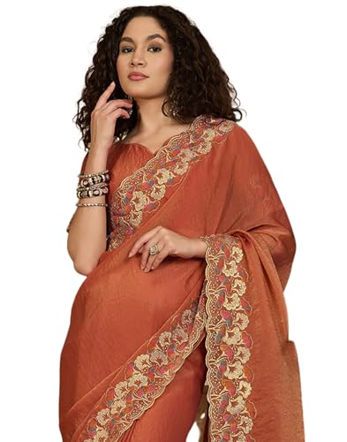 Image of SIRIL Women's Shimmer Georgette Scalloped Border Sequins Embroidery Saree with Unstitched Blouse Piece