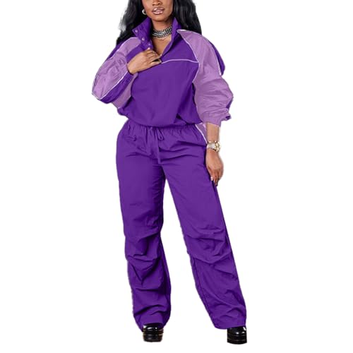 Mandonce Women's Y2K 2 Piece Long Sleeve Standing Collar Windbreaker and Cargo Pants Streetwear Casual Set