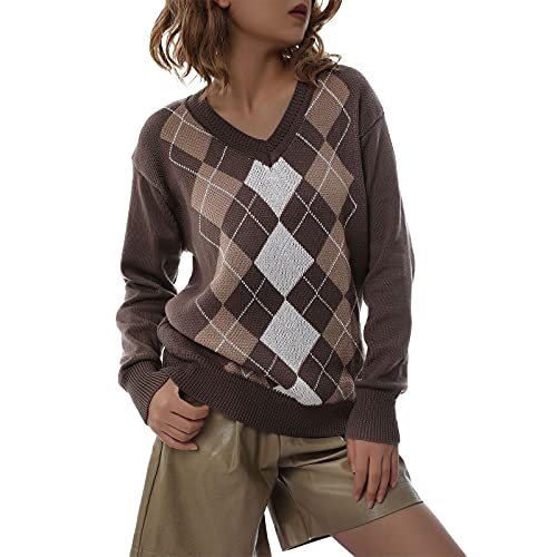 WangsCanis Strickwaren Tops Frauen Casual Y2K Langarm Gestrickt England Stil Argyle Plaid Knit Sweater Top Block Lose Pullover Sweater Vintage Sweater Tops Y2K E-Girl Herbst, braun, S Cover