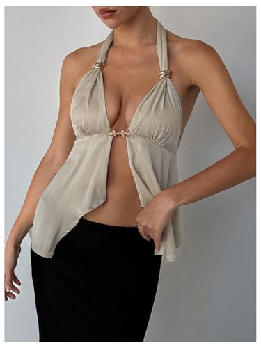 MakeMeChic Women's Satin Halter Tops Metal Ring Tie Open Back Asymmetrical Ruffle Tank Tops2