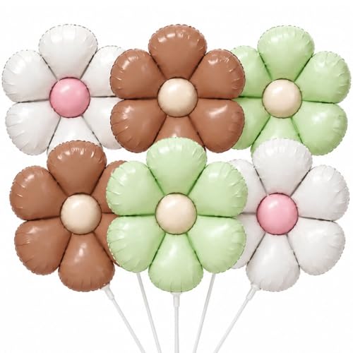 Image of Wanna Party Flower Theme Foil Balloon Set of 6 for Birthday Decoration | 2 Green, 2 Sand White & 2 Chocolate Brown Balloons | Floral Party Decor | Kids & Adults Celebration Supplies