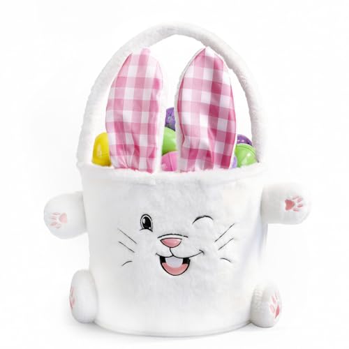 Image of ARVINKEY Easter Bunny Basket, Plush Bunny Easter Egg Hunting Bucket Bags with Rabbit Ears Egg Gift Bags Tote Bags for Easter Decorations,Candy Gifts Storage