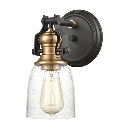 Image of Elk Home Chadwick 1-Light Industrial Vanity Wall Sconce - Oil Rubbed Bronze & Antique Brass, Seeded Glass Shade, 10-Inch High