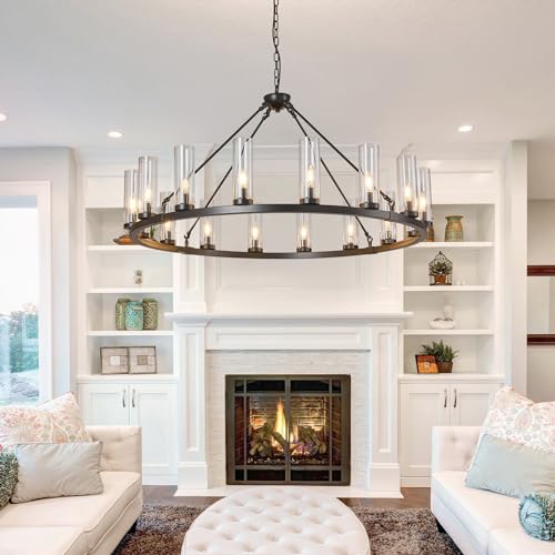 Image of 16 Light Large Wagon Wheel Chandelier with Clear Glass Shade Black Round Pendant Light Farmhouse Industrial Chandeliers Dining Room Light Fixture for Stair Living Room Foyer Kitchen