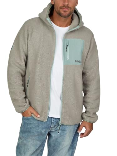 riverso Fleecejacke Herren mit Kapuze Regular Fit RIVLennox Teddyfleece Kapuzenjacke Winterjacke Übergangsjacke Stehkragen, Größe:L, Farbe:Taupe-Mineral Green